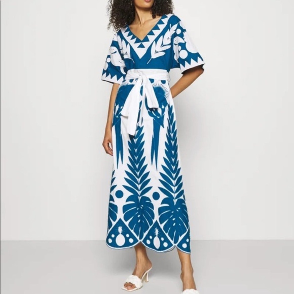 NWT Farm Rio Pathwork Embroidery Blue and White Cotton Dress - Medium